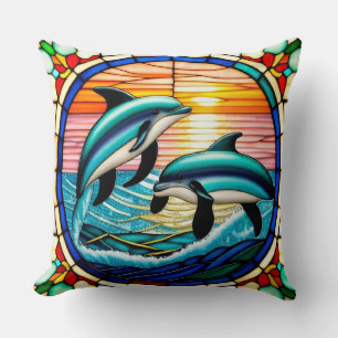 Stained Glass Art with Dolphins Leaping at Sunset Cushion