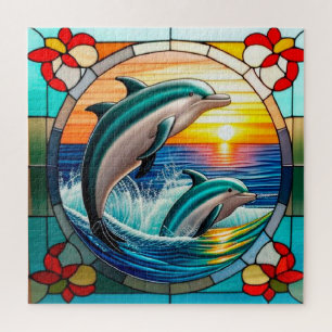 Stained Glass Art with Dolphins Leaping at Sunset Jigsaw Puzzle