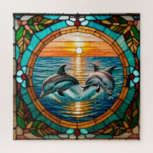 Stained Glass Art with Dolphins Leaping at Sunset Jigsaw Puzzle (Vertical)