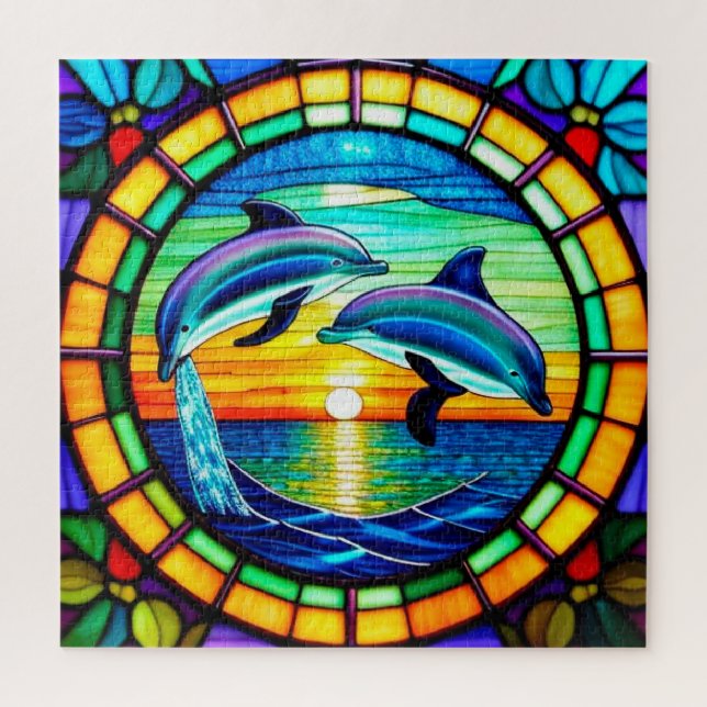 Stained Glass Art with Dolphins Leaping at Sunset Jigsaw Puzzle (Vertical)