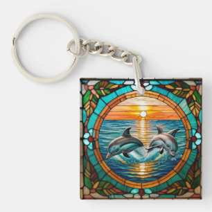 Stained Glass Art with Dolphins Leaping at Sunset Key Ring