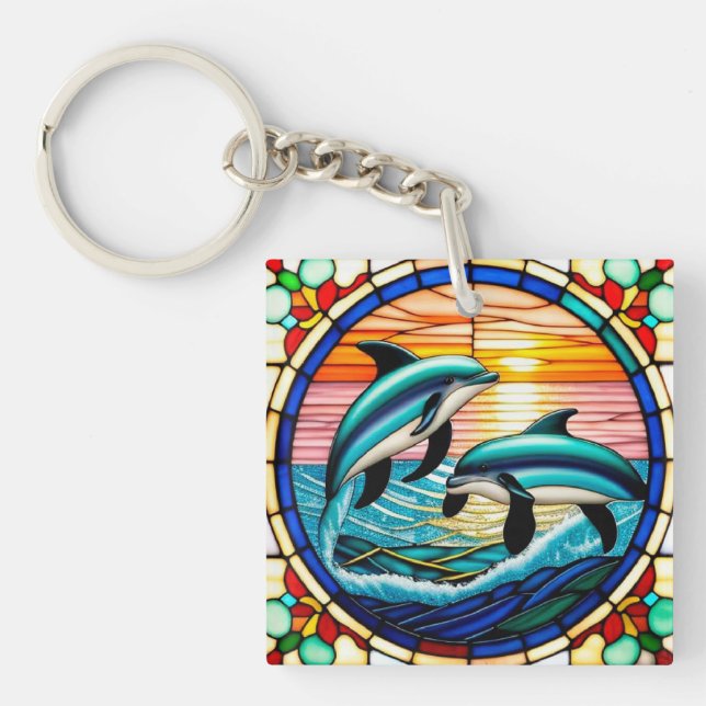 Stained Glass Art with Dolphins Leaping at Sunset Key Ring (Front)