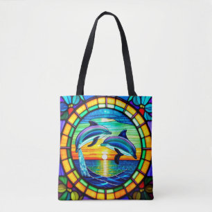 Stained Glass Art with Dolphins Leaping at Sunset Tote Bag