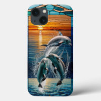 Stained Glass Artwork Featuring Playful Dolphins