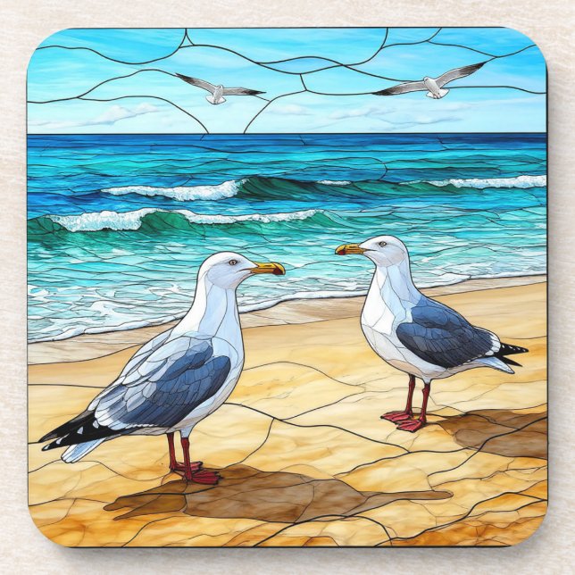 Stained Glass Artwork of Seagulls on a Beach Coaster (Front)