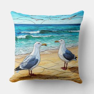 Stained Glass Artwork of Seagulls on a Beach Cushion