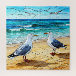 Stained Glass Artwork of Seagulls on a Beach Jigsaw Puzzle