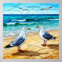Stained Glass Artwork of Seagulls on a Beach