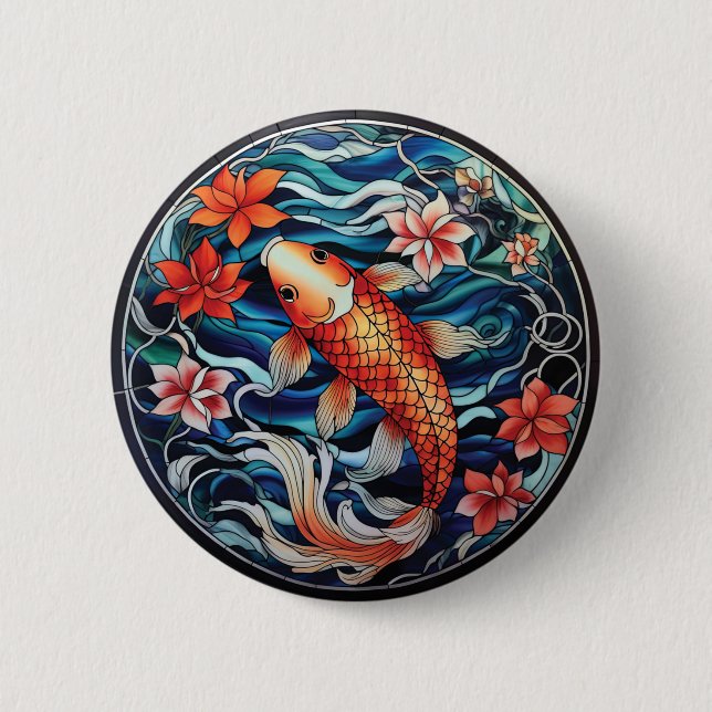 Stained Glass Asian Style Koi Fish and Camellias 6 Cm Round Badge (Front)