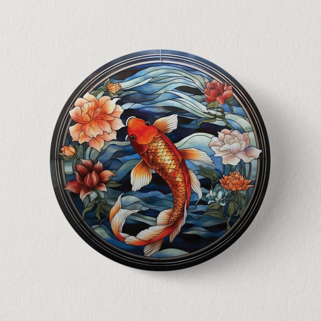 Stained Glass Asian Style Koi Fish and Camellias 6 Cm Round Badge (Front)