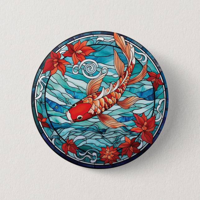 Stained Glass Asian Style Koi Fish and Camellias 6 Cm Round Badge (Front)