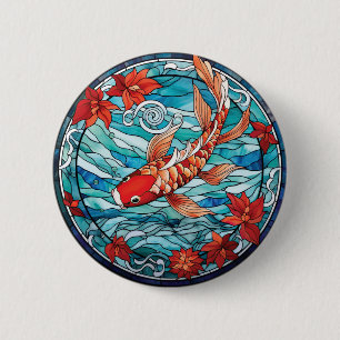 Stained Glass Asian Style Koi Fish and Camellias 6 Cm Round Badge