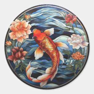 Stained Glass Asian Style Koi Fish and Camellias Classic Round Sticker