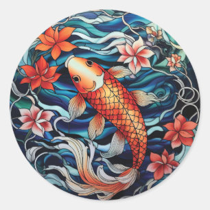 Stained Glass Asian Style Koi Fish and Camellias Classic Round Sticker