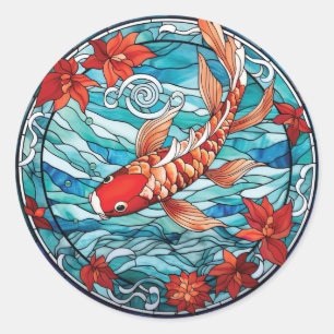 Stained Glass Asian Style Koi Fish and Camellias Classic Round Sticker