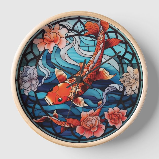 Stained Glass Asian Style Koi Fish and Camellias Clock (Front)