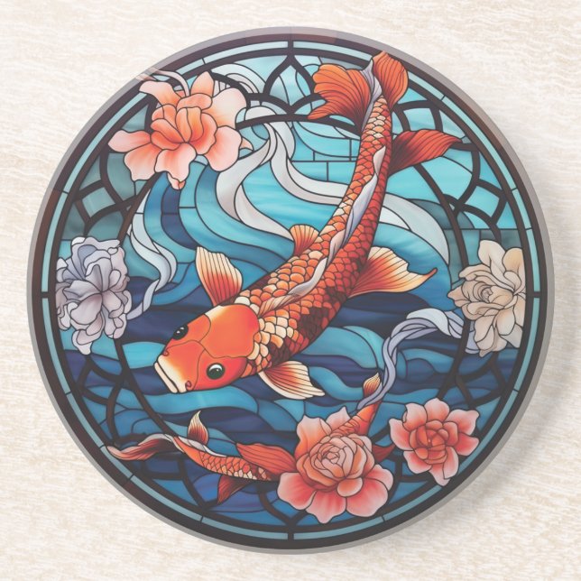 Stained Glass Asian Style Koi Fish and Camellias Coaster (Front)