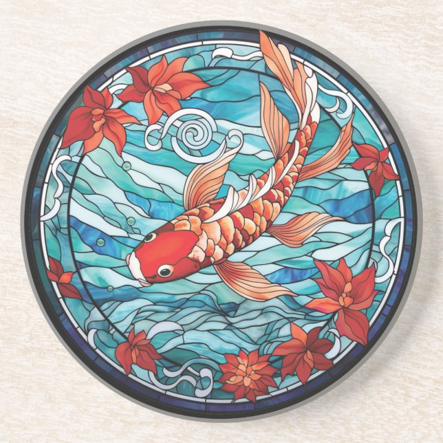 Stained Glass Asian Style Koi Fish and Camellias Coaster (Front)