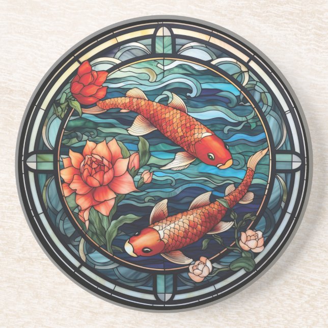 Stained Glass Asian Style Koi Fish and Camellias Coaster (Front)