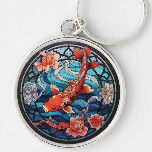 Stained Glass Asian Style Koi Fish and Camellias Key Ring