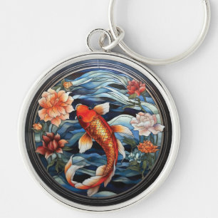 Stained Glass Asian Style Koi Fish and Camellias Key Ring