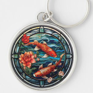 Stained Glass Asian Style Koi Fish and Camellias Key Ring