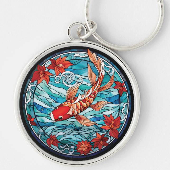 Stained Glass Asian Style Koi Fish and Camellias Key Ring (Front)