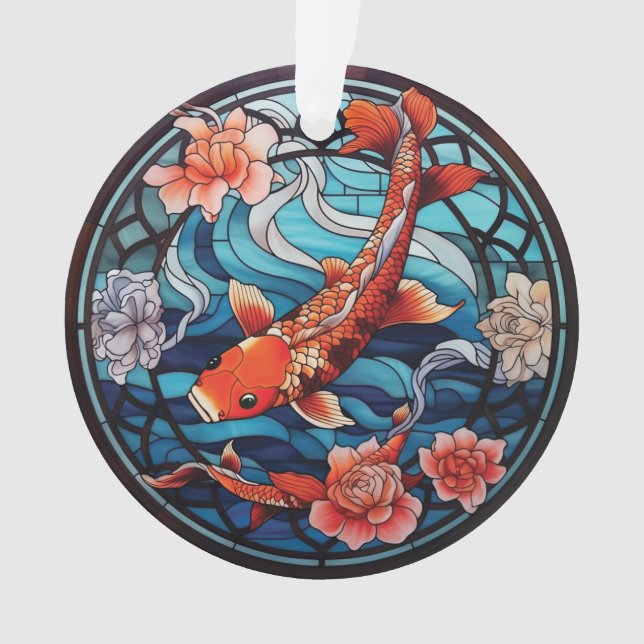 Stained Glass Asian Style Koi Fish and Camellias Ornament (Front)