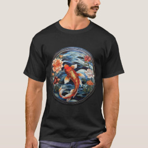 Stained Glass Asian Style Koi Fish and Camellias T-Shirt