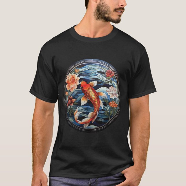 Stained Glass Asian Style Koi Fish and Camellias T-Shirt (Front)