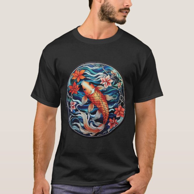 Stained Glass Asian Style Koi Fish and Camellias T-Shirt (Front)
