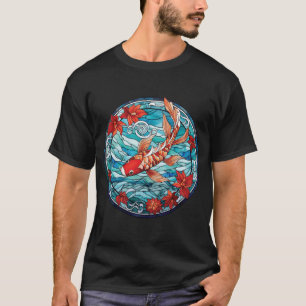 Stained Glass Asian Style Koi Fish and Camellias T-Shirt