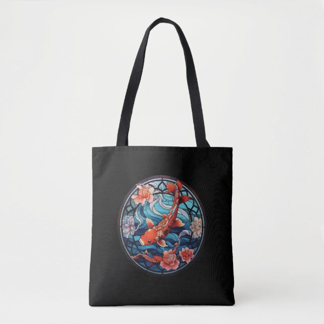 Stained Glass Asian Style Koi Fish and Camellias Tote Bag (Front)