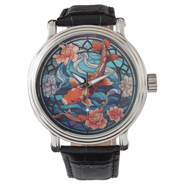 Stained Glass Asian Style Koi Fish and Camellias Watch (Front)