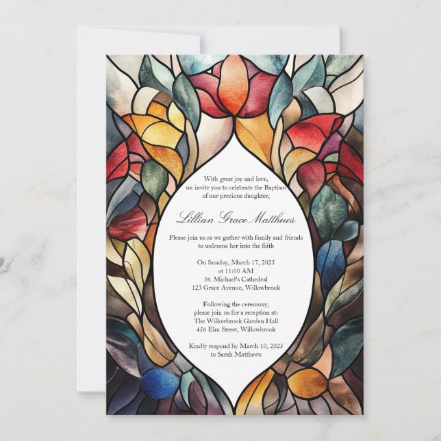 Stained Glass Baptism Invitation Elegant Floral  (Front)
