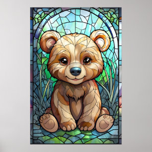 Stained Glass Bear Cub Poster – Woodland Nursery W