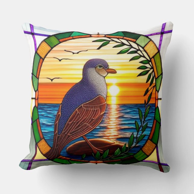 🐦 Stained Glass Bird Sunset Ocean Decor 🌅 Cushion (Front)