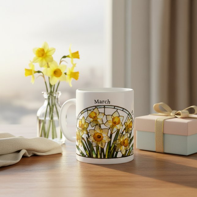 Stained Glass Birth Flower March Daffodil Name Coffee Mug (Creator Uploaded)