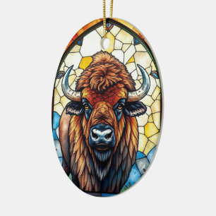 Stained Glass Bison Buffalo Tribal Animal Art Ceramic Tree Decoration
