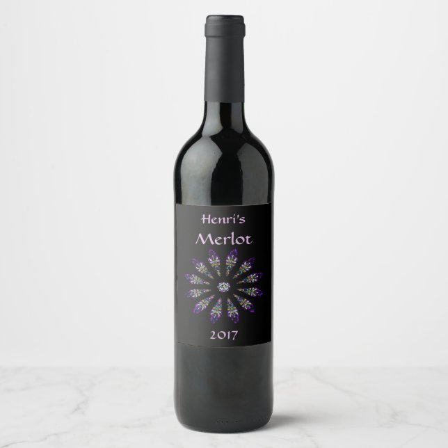 Stained Glass Black and Purple Mandala Wine Label (Front)