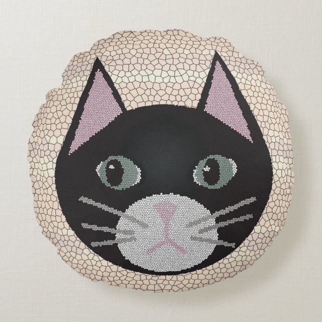 Stained Glass Black Cat, Beige Round Cushion (Front)