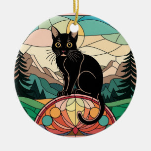 Stained Glass, Black Cat Colourful Stained Glass Ceramic Tree Decoration