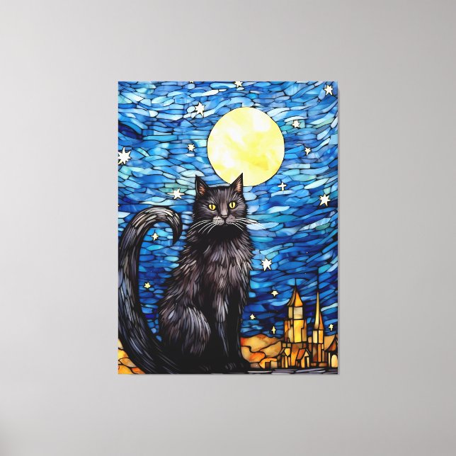 Stained Glass Black Cat Starry Night Canvas Print (Front)