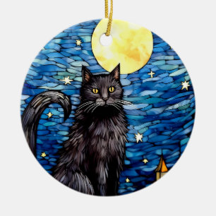 Stained Glass Black Cat Starry Night Ceramic Tree Decoration