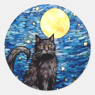 Stained Glass Black Cat Starry Night Classic Round Sticker