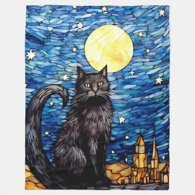 Stained Glass Black Cat Starry Night Fleece Blanket (Front)