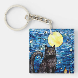 Stained Glass Black Cat Starry Night Key Ring
