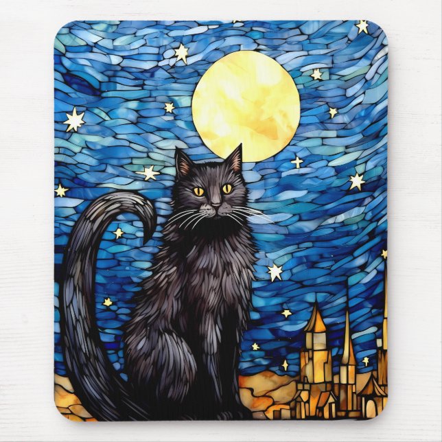 Stained Glass Black Cat Starry Night Mouse Mat (Front)