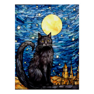 Stained Glass Black Cat Starry Night Poster