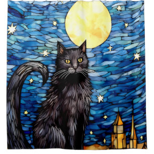 Stained Glass Black Cat Starry Night Shower Curtain